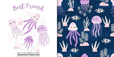 Lindo patrón sin costuras de medusas con tarjeta de ducha de bebé de dibujos animados de ilustración vector