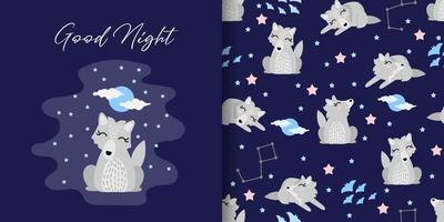 Cute wolf seamless pattern with illustration cartoon baby shower card vector