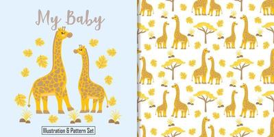 Cute giraffe seamless pattern with illustration cartoon baby shower card vector