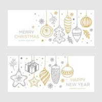 Navidad un año nuevo banner retro dibujado a mano con bolas, juguetes y copos de nieve, para el diseño de Navidad en estilo retro dorado y plateado. Ilustración vectorial sobre fondo blanco. vector