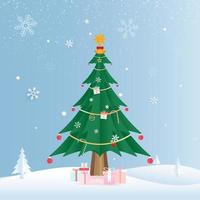 árbol de navidad decorado con regalos fondo de nieve vector