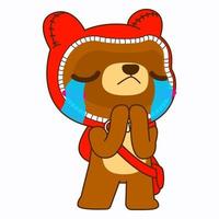 cute bear vector illustration, red hood bear sad pose