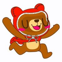 Ilustración de vector de oso lindo, pose de ejecución de oso de capucha roja