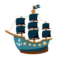 Hand drawn pirate ship with a three-masted flag and an anchor. Vector illustration for baby design