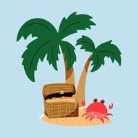 An island with a pirate treasure chest, palm tree and crab. Adventure concept from vector isolated illustrations. Set of elements.