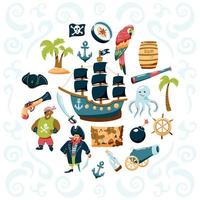 Pirate set of hand drawn elements. Bundle vector design elements for kids' design. Cartoon doodle illustration with characters