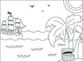 A pirate ship sails towards a desert island with a treasure chest. Children's coloring page with adventure concept. Vector hand drawn illustration
