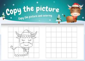 Copy the picture kids game and coloring page with a cute buffalo using christmas costume vector