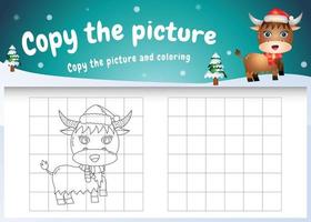 Copy the picture kids game and coloring page with a cute buffalo using christmas costume vector