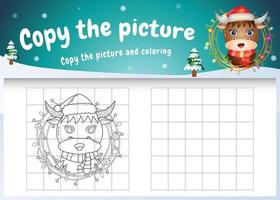 Copy the picture kids game and coloring page with a cute buffalo vector