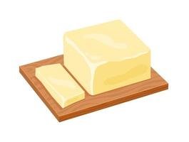 Butter on a wooden stand. A piece of cut butter. Vector illustration