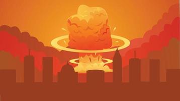 Atomic bomb explosion, Nuclear explosion bright orange fiery mushroom cloud cap in city cartoon poster abstract vector illustration.