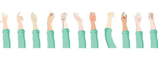 Raised arms of a group of international people, multi cultural people shows community. vector