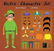 Front view animated characters. Male Students creation set with various hairstyles, face emotions, legs, eye brow , nose, and gestures. Cartoon style, flat vector illustration.