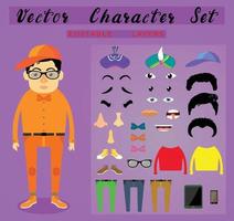 Front view animated characters. Male Students creation set with various hairstyles, face emotions, legs, eye brow , nose, and gestures. Cartoon style, flat vector illustration.