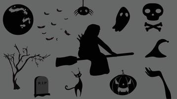 Halloween silhouettes background with pumpkins, witch, space cat, spider, skull, moon, tree, cap, ghost, bats illustration. vector