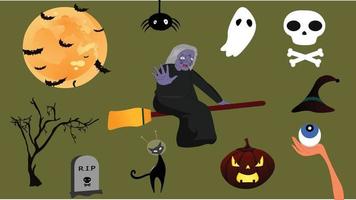 Fondo de siluetas de halloween con calabazas, bruja, gato espacial, araña, cráneo, luna, árbol, gorra, fantasma, ilustración de murciélagos. vector