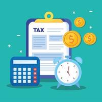 tax day documents in clipboard with alarm clock and calculator vector