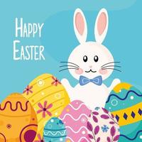 happy easter lettering card with rabbit and eggs painted vector