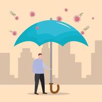 patient protecting with umbrella of covid19 virus particles vector