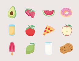 bundle of twelve fresh and delicious food icons vector