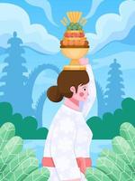 illustration of Galungan Kuningan festival with beautiful Balinese woman bring ritual offerings. Happy galungan kunigan day. can be used for banner, poster, web, social media, greeting card, postcard. vector