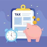 tax day documents in clipboard with piggy and alarm clock vector