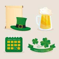 saint patricks day lettering in ribbon with set icons vector