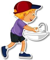 A sticker template with a boy washing hands with soap vector