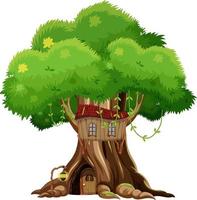 Casa del árbol de fantasía dentro del tronco de un árbol sobre fondo blanco. vector