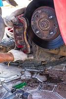 Mechanic Replacing brakes. photo