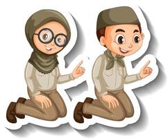 Couple muslim kids wear safari outfit cartoon character sticker vector