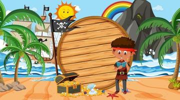 Pirate boy at the beach daytime scene with an empty wooden banner template vector