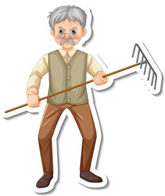 Sticker template with a gardener old man holds rake gardening tool isolated