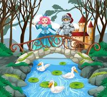 Princess and knight in enchanted garden background vector