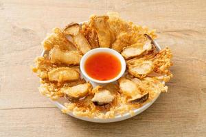 deep fried Enoki mushroom and King Oyster mushroom with spicy dipping sauce photo