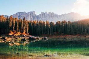 Sunlight on the trees. Autumn landscape with clear lake, fir forest and majestic mountains photo