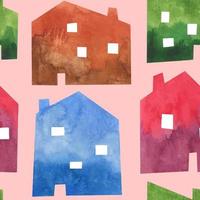 Watercolor houses seamless pattern texture background city architecture building simple Scandinavian style vector