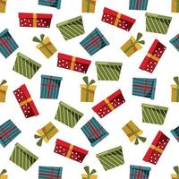 Merry Christmas and Happy New Year seamless pattern. Colorful multicolored cardboard gift boxes on a white background. Vector. vector