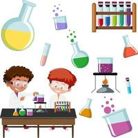 Science kids with experiment tools vector