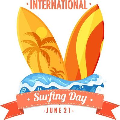 International Surfing Day banner with many surfboards on the beach isolated