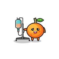 cute mandarin orange character standing with infusion pole vector