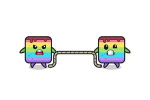 cute rainbow cake character is playing tug of war game vector