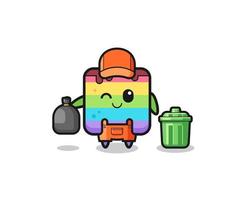 the mascot of cute rainbow cake as garbage collector vector