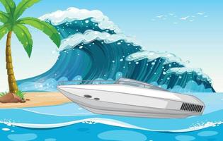 Beach scene with speed boat on sea wave vector