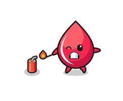 blood drop mascot illustration playing firecracker vector