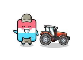 the eraser farmer mascot standing beside a tractor vector