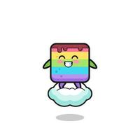 cute rainbow cake illustration riding a floating cloud vector