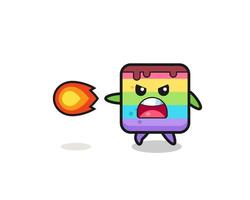 cute rainbow cake mascot is shooting fire power vector