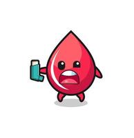blood drop mascot having asthma while holding the inhaler vector